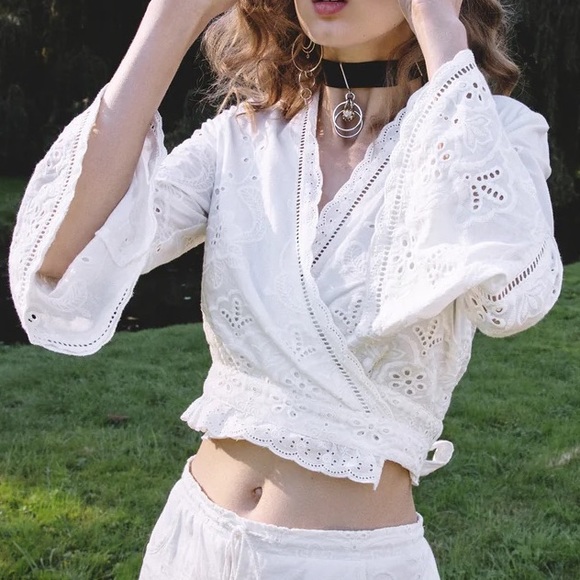 SPELL & THE GYPSY Damsel White Broderie Anglaise Long Sleeve Crop Wrap Top - Picture 11 of 16